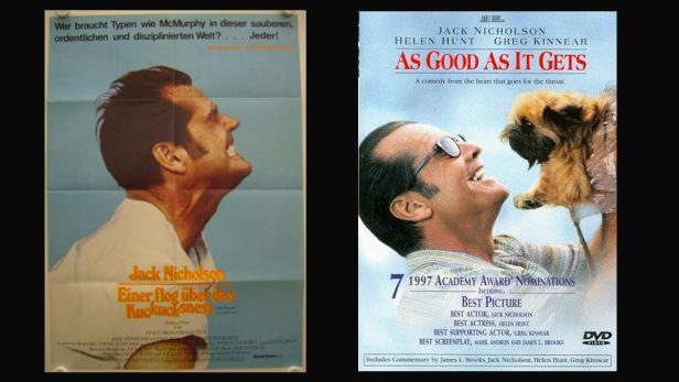 Zwei Filmposter mit Jack Nicholson, darunter „Einer flog über das Kuckucksnest“ und „Besser geht’s nicht“.