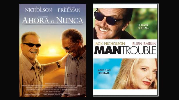 Die Filmplakate von „Das Beste kommt zum Schluss“ und „Man Trouble“ mit Jack Nicholson und Morgan Freeman.
