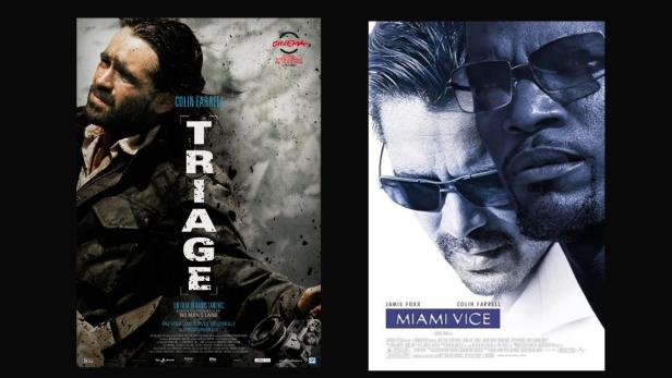Die Filmplakate für „Triage“ mit Colin Farrell und „Miami Vice“ mit Jamie Foxx und Colin Farrell.