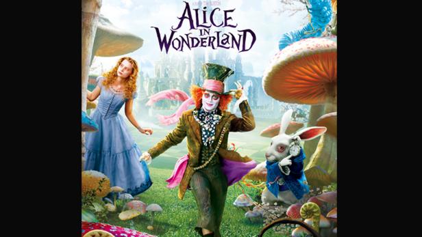Das Filmplakat für „Alice im Wunderland“ zeigt Alice, den verrückten Hutmacher und das weiße Kaninchen.
