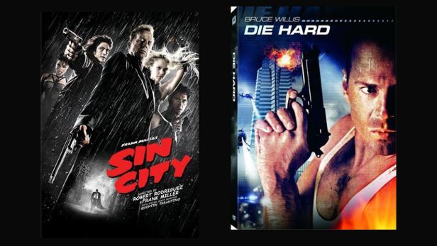 Die Cover der Filme „Sin City“ und „Die Hard“ nebeneinander.