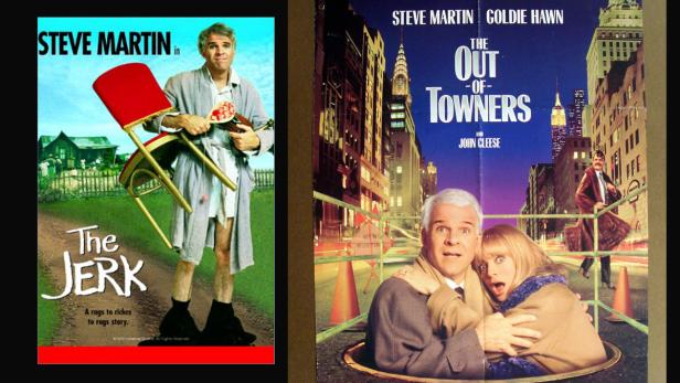 Die Filmplakate für „The Jerk“ und „Out of Towners“ mit Steve Martin.