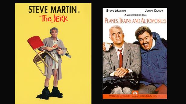 Die Cover der Filme „Ein total verrückterTyp“ und „Ein Ticket für Zwei“ mit Steve Martin und John Candy.