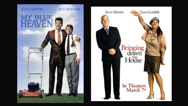 Die Filmplakate von „My Blue Heaven“ mit Steve Martin und Rick Moranis sowie „Bringing Down the House“ mit Steve Martin und Queen Latifah.