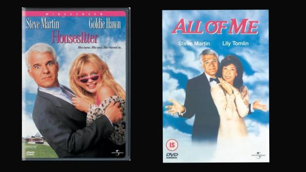 Die DVD-Cover der Filme „Housesitter“ mit Steve Martin und Goldie Hawn sowie „All of Me“ mit Steve Martin und Lily Tomlin.