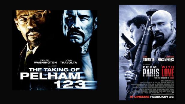 Die Filmplakate für „The Taking of Pelham 123“ mit Denzel Washington und „From Paris with Love“ mit John Travolta.