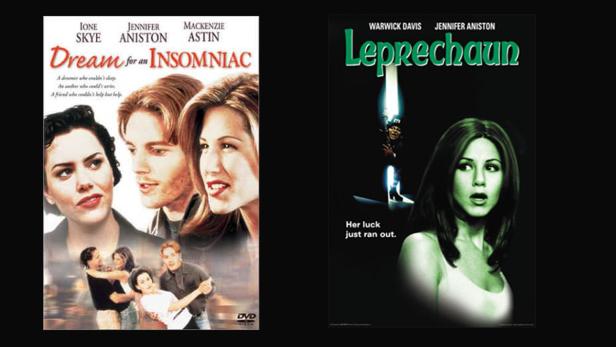 Die Filmplakate für „Dream for an Insomniac“ mit Jennifer Aniston und „Leprechaun“ mit Warwick Davis und Jennifer Aniston.