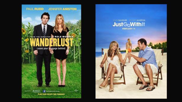 Die Filmposter für „Wanderlust“ mit Paul Rudd und Jennifer Aniston und „Just Go With It“ mit Adam Sandler.