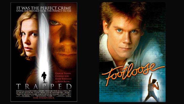 Die Filmplakate für „Trapped“ mit Charlize Theron und Kevin Bacon sowie „Footloose“ mit Kevin Bacon.