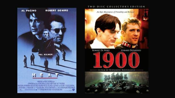 Die Filmplakate von „Heat“ mit Al Pacino und Robert De Niro sowie „1900“ mit Robert De Niro und Gérard Depardieu.