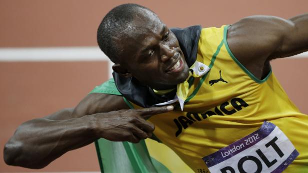 Usain Bolt feiert seinen Sieg bei den Olympischen Spielen 2012 in London.