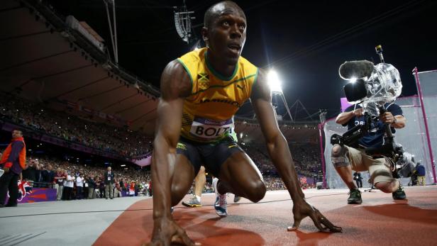 Usain Bolt kurz vor dem Start eines Rennens bei den Olympischen Spielen.