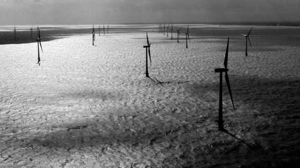 Schwarz-Weiß-Aufnahme von Windkraftanlagen, die aus dem Meer ragen.