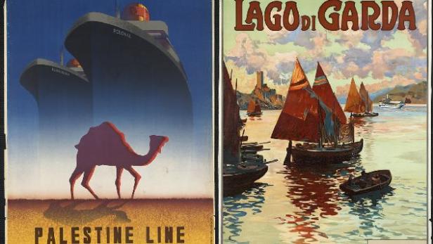 Zwei Reiseplakate zeigen Schiffe der Palestine Line und Segelboote auf dem Lago di Garda.