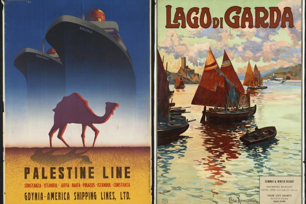 Zwei Reiseplakate: Eines wirbt für die Palestine Line, das andere für den Lago di Garda.