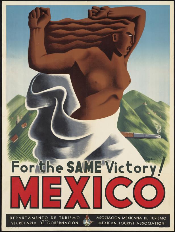 Ein Propagandaposter zeigt eine Frau, die ihre Fäuste ballt, mit dem Schriftzug „For the Same Victory! MEXICO“.