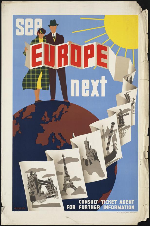 Ein Reiseposter wirbt für eine Europareise mit Sehenswürdigkeiten wie dem Eiffelturm.
