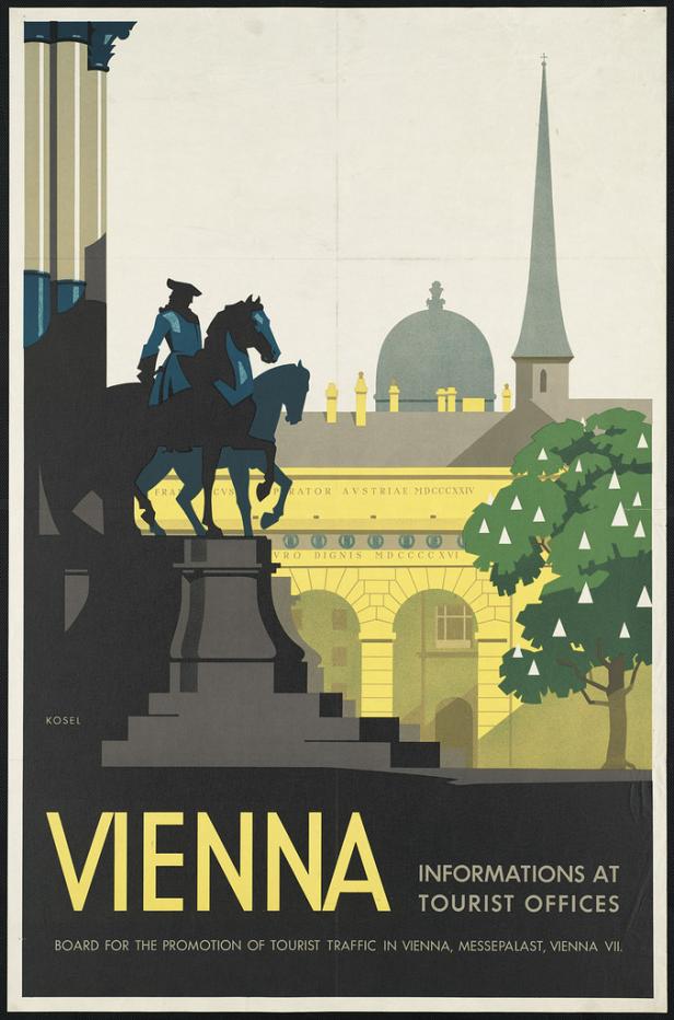 Ein historisches Werbeplakat für Wien mit Reiterstandbild und architektonischen Elementen.