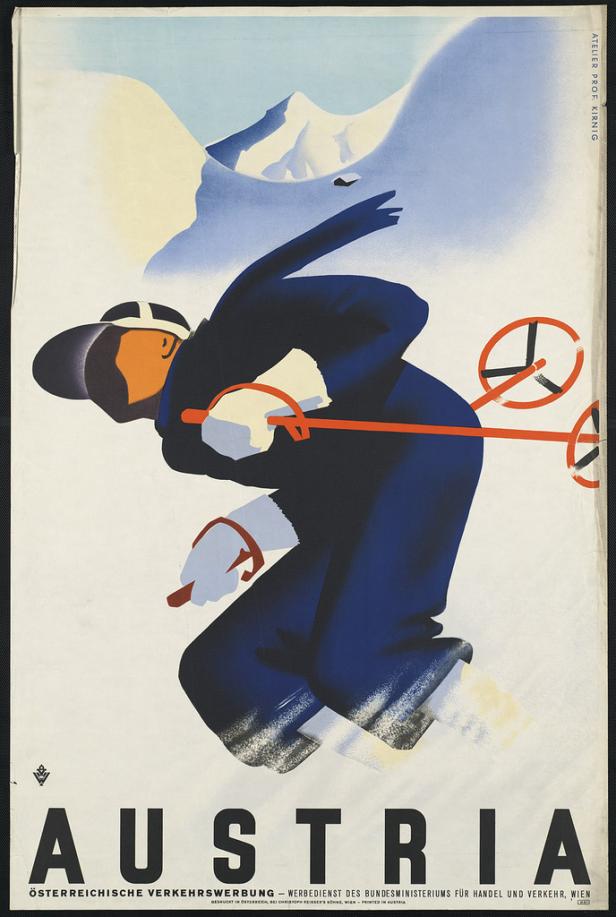 Ein stilisierter Skifahrer vor einer Bergkulisse wirbt für Österreich.