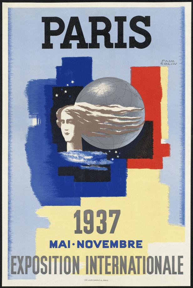 Ein Plakat für die Internationale Ausstellung 1937 in Paris mit einer stilisierten Weltkugel und einem Frauenkopf.