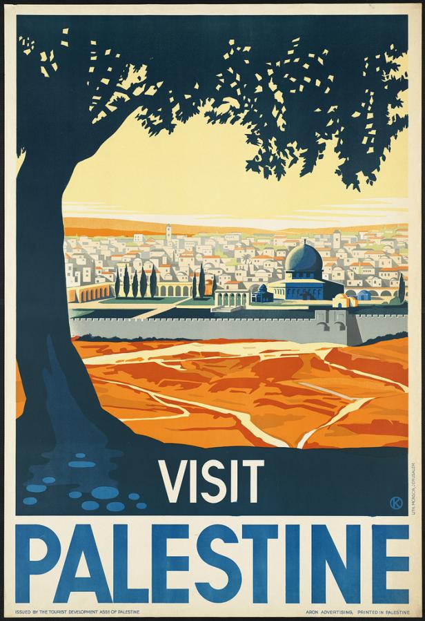 Ein illustriertes Reiseplakat, das Jerusalem mit dem Felsendom zeigt.