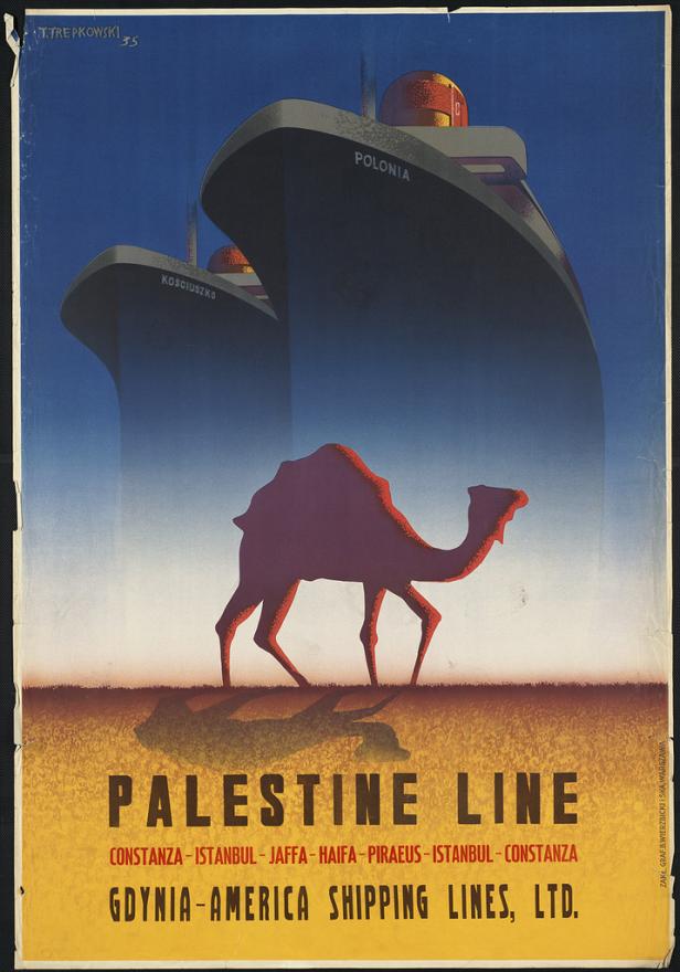 Ein Kamel vor den stilisierten Schiffen „Kosciuszko“ und „Polonia“ auf einem Plakat der Palestine Line.