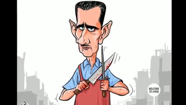 Eine Karikatur von Baschar al-Assad mit blutigem Messer und Wetzstahl vor zerstörter Stadt.