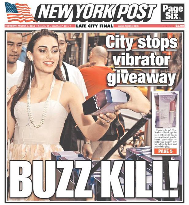 Titelseite der New York Post vom 9. August 2012 mit der Schlagzeile: „City stops vibrator giveaway“.