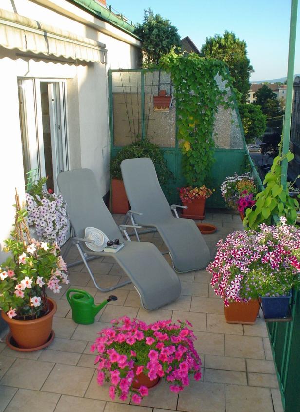 Zwei Liegestühle stehen auf einem blühenden Balkon.
