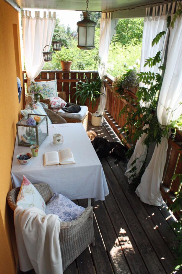 Ein gemütlicher Balkon mit Tisch, Stühlen, Pflanzen und zwei Hunden, die im Schatten liegen.