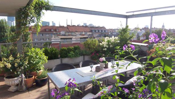 Ein Esstisch auf einer begrünten Dachterrasse mit Blick auf die Stadt.