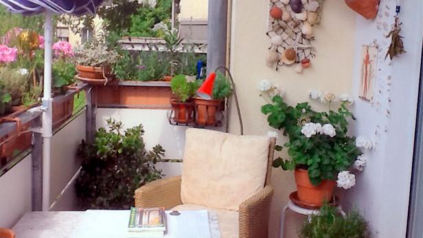 Ein gemütlicher Balkon mit vielen Pflanzen, einem Sessel und einem Tisch.