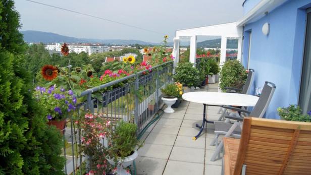 Ein sonniger Balkon mit Blumen und Blick auf eine Stadtlandschaft.