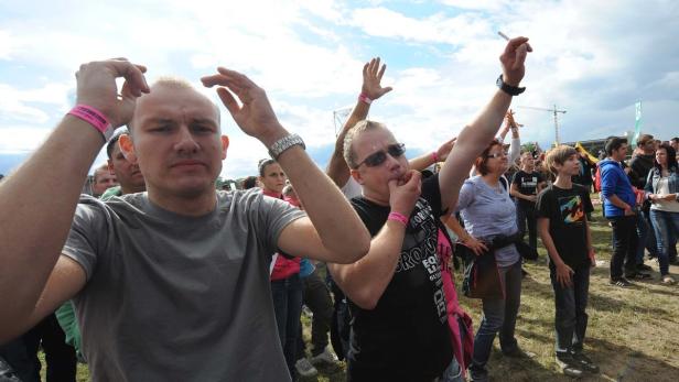 Eine Menschenmenge jubelt mit erhobenen Händen auf einem Festivalgelände.