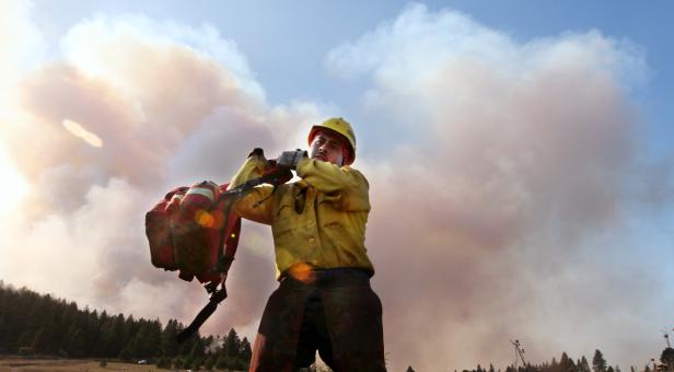 Ein Feuerwehrmann mit Schutzkleidung trägt einen gefüllten Wassertank vor einem Waldbrand.