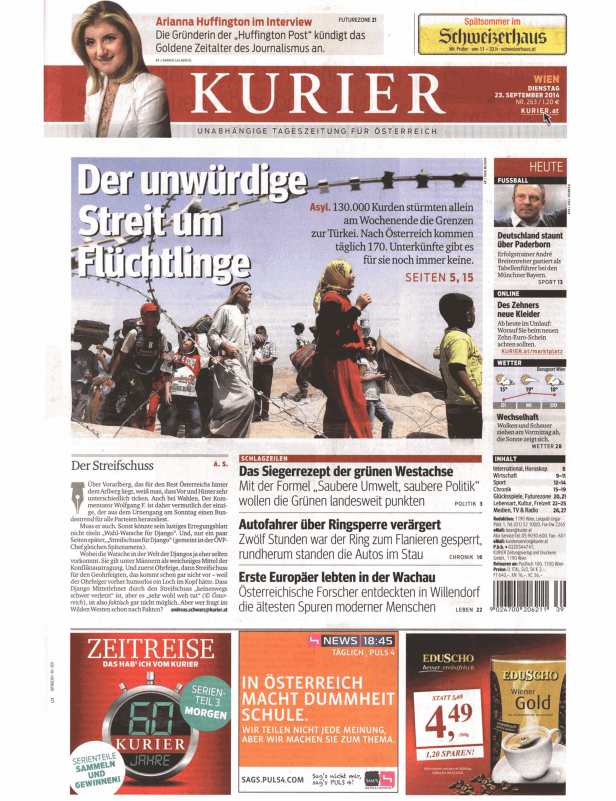 Titelseite des Kurier vom 23. September 2014 mit Schlagzeilen zu Flüchtlingen.