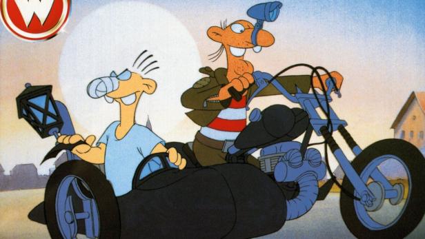 Zwei Comicfiguren fahren mit einem ungewöhnlichen Motorrad durch eine Stadt.