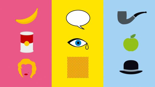 Eine stilisierte Darstellung verschiedener Pop-Art-Elemente auf farbigen Hintergründen.