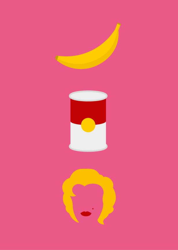 Eine stilisierte Darstellung einer Banane, einer Campbell's-Suppendose und Marilyn Monroe auf pinkfarbenem Hintergrund.