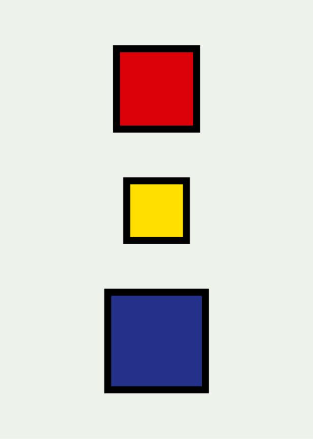 Drei Quadrate in Rot, Gelb und Blau sind übereinander angeordnet.