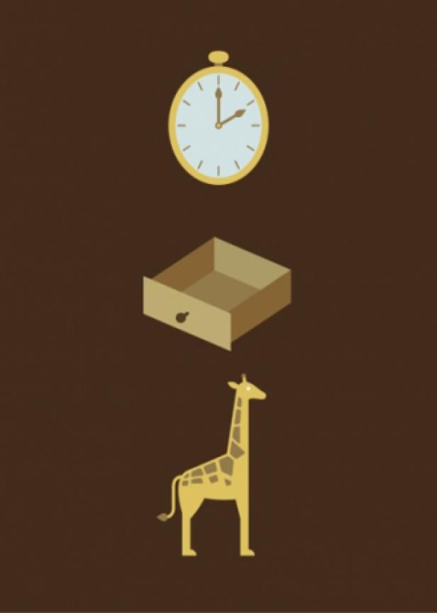 Eine stilisierte Grafik zeigt eine Uhr, eine offene Schublade und eine Giraffe übereinander.