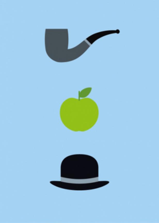 Eine Pfeife, ein grüner Apfel und ein Bowler-Hut sind übereinander angeordnet.