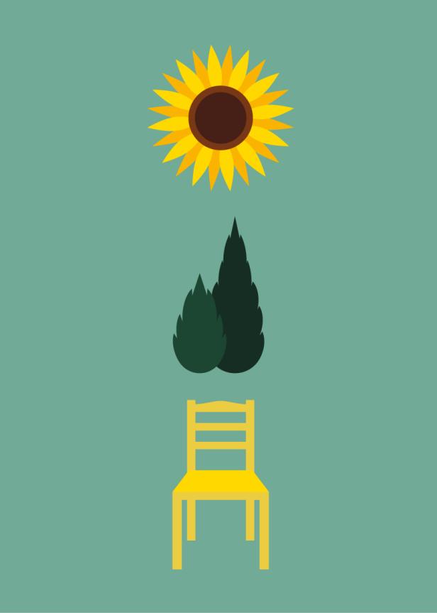 Eine stilisierte Darstellung einer Sonnenblume, Bäume und einem gelben Stuhl.