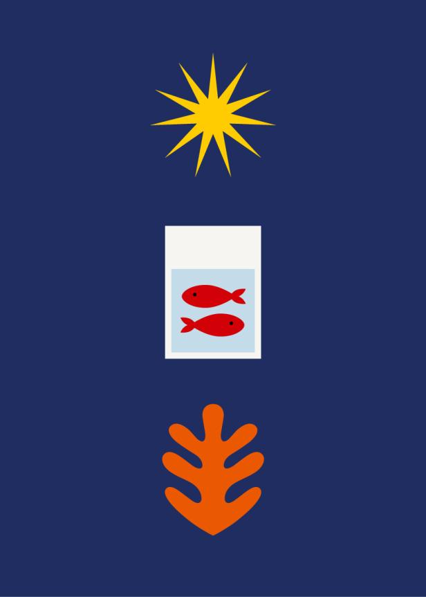 Eine stilisierte Darstellung mit Sonne, Goldfischen im Glas und einem Blatt auf blauem Grund.