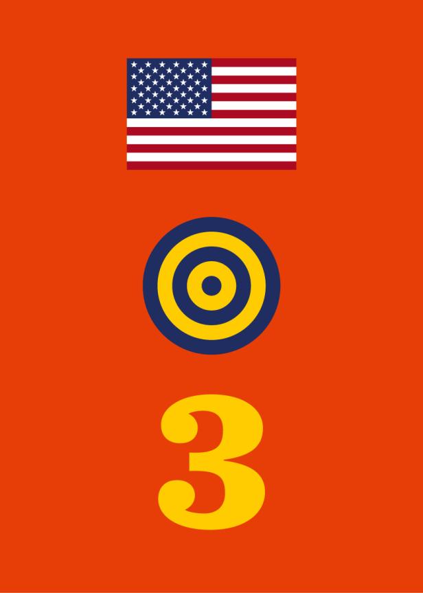 Eine stilisierte Darstellung der USA mit Flagge, Zielscheibe und der Zahl Drei.