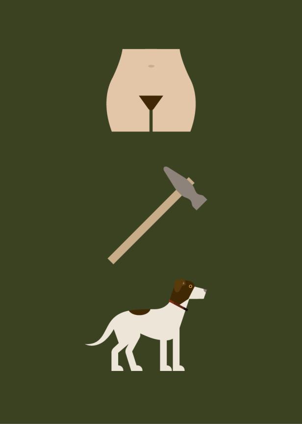 Eine stilisierte Darstellung von Scham, Hammer und Hund auf olivgrünem Grund.