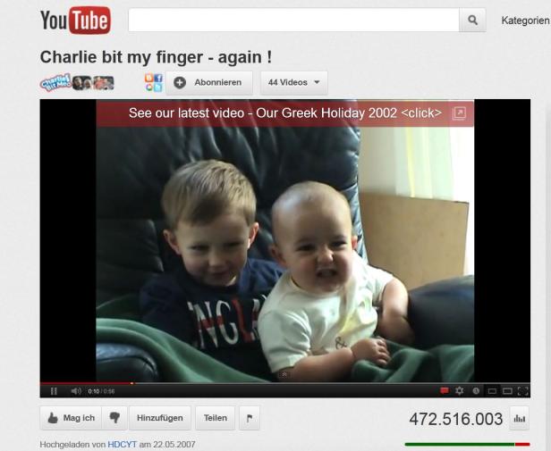 Zwei kleine Jungen sitzen zusammen auf einem Sessel, wie in dem YouTube-Video „Charlie bit my finger“.
