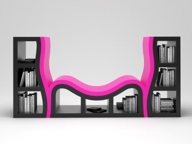 Ein schwarzes Bücherregal mit pinkfarbener Sitzfläche in der Mitte.