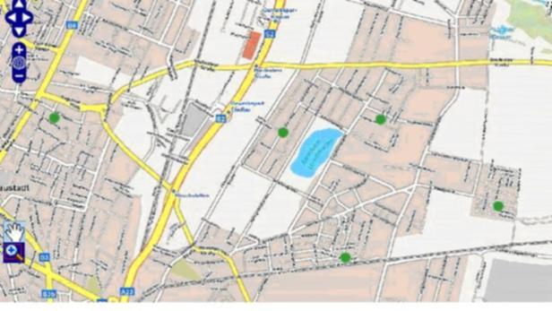 Eine Straßenkarte mit eingezeichneten Routen und grünen Markierungen.