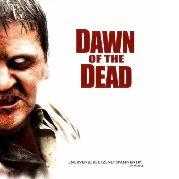 Das Filmplakat für „Dawn of the Dead“ zeigt einen Zombie mit blutverschmiertem Gesicht.